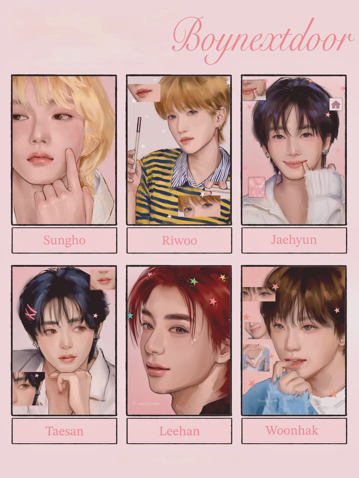 Les 6 membres de BOYNEXTDOOR — Sungho, Riwoo, Jaehyun, Taesan, Leehan, Woonhak — illustration fan art