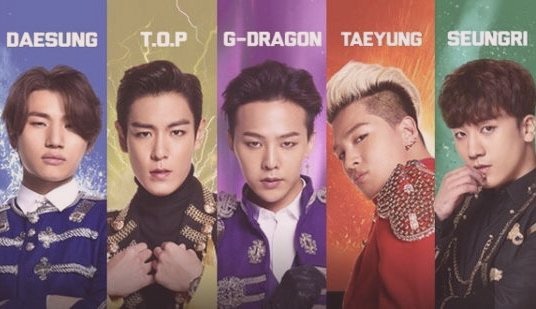 Les cinq membres de BIGBANG : Daesung, T.O.P, G-Dragon, Taeyang, Seungri