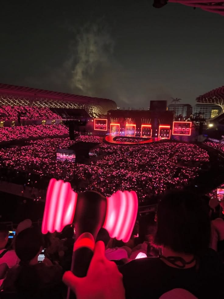 Foule de BLINK agitant leur lightstick rose lors d’un concert BLACKPINK