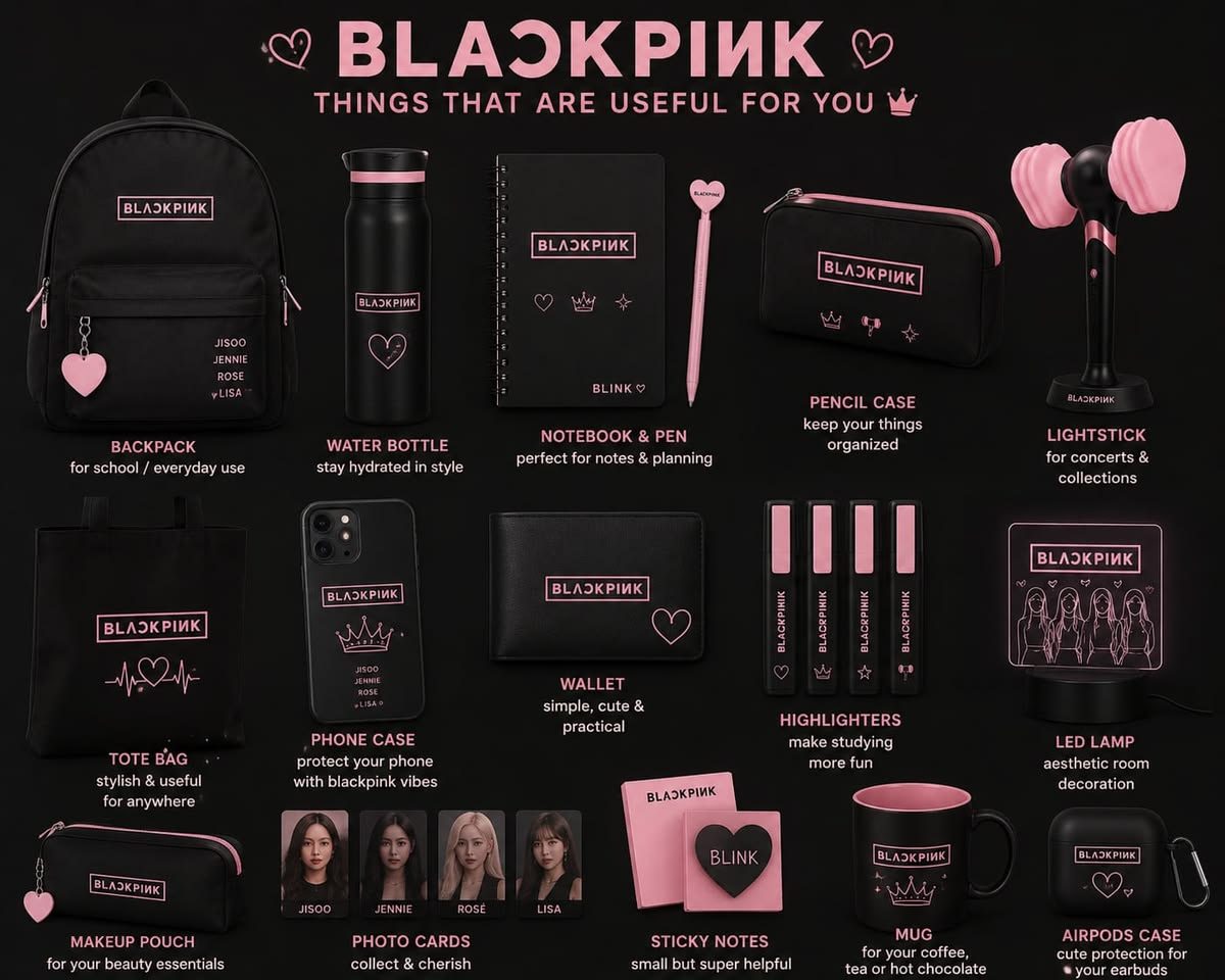 Collection d'accessoires et goodies BLACKPINK : sac à dos, gourde, lightstick, pochette, coque de téléphone