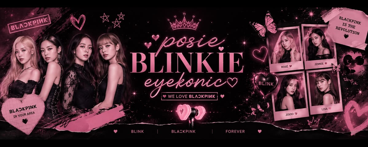 Bannière BLACKPINK BLINK avec les quatre membres et polaroïds Rosé, Jennie, Jisoo, Lisa